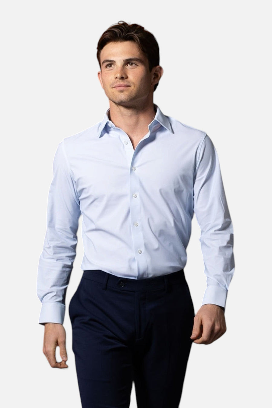 Collars & Co Men's Apex Performance Dress Shirt in Glacier Blue Twill – on model