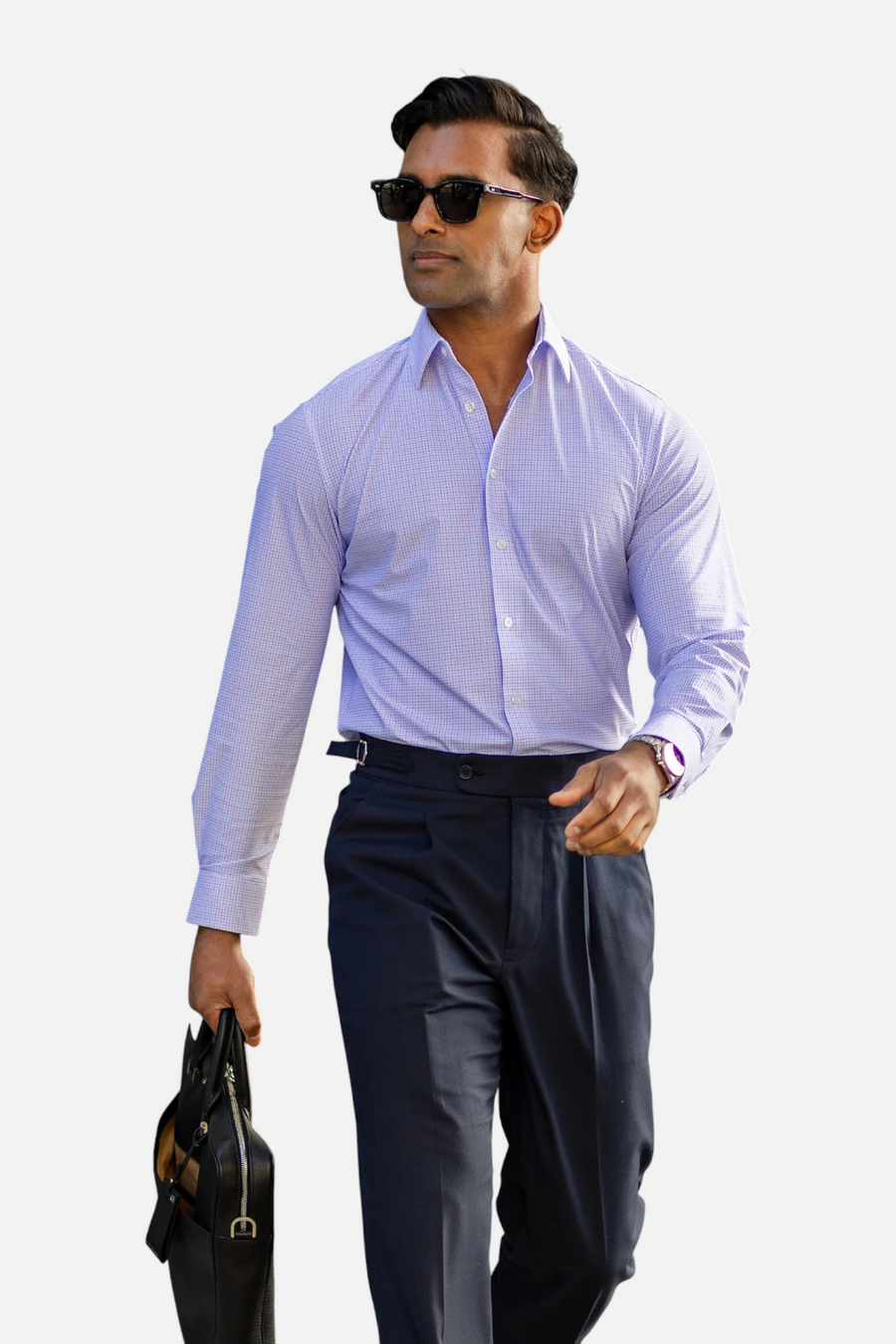 Collars & Co Men's Apex Performance Dress Shirt in Lavender & Blue Gingham – back view