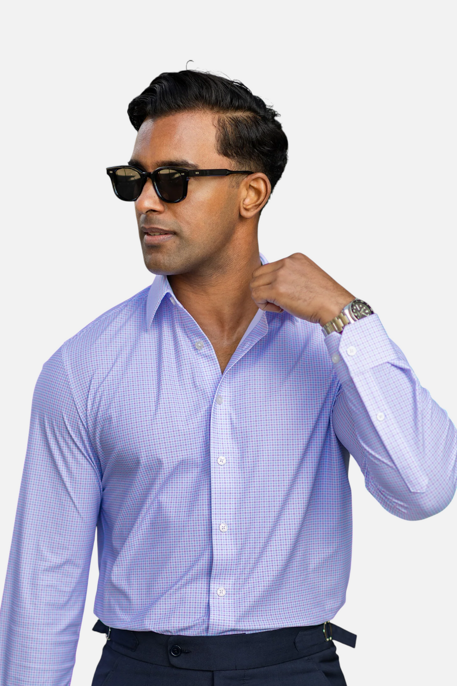Collars & Co Men's Apex Performance Dress Shirt in Lavender & Blue Gingham – front view