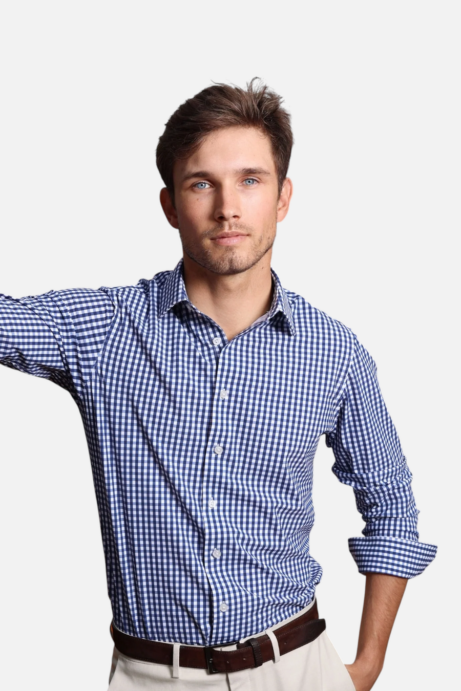 Collars & Co Men's Apex Performance Dress Shirt in Navy Gingham – front view