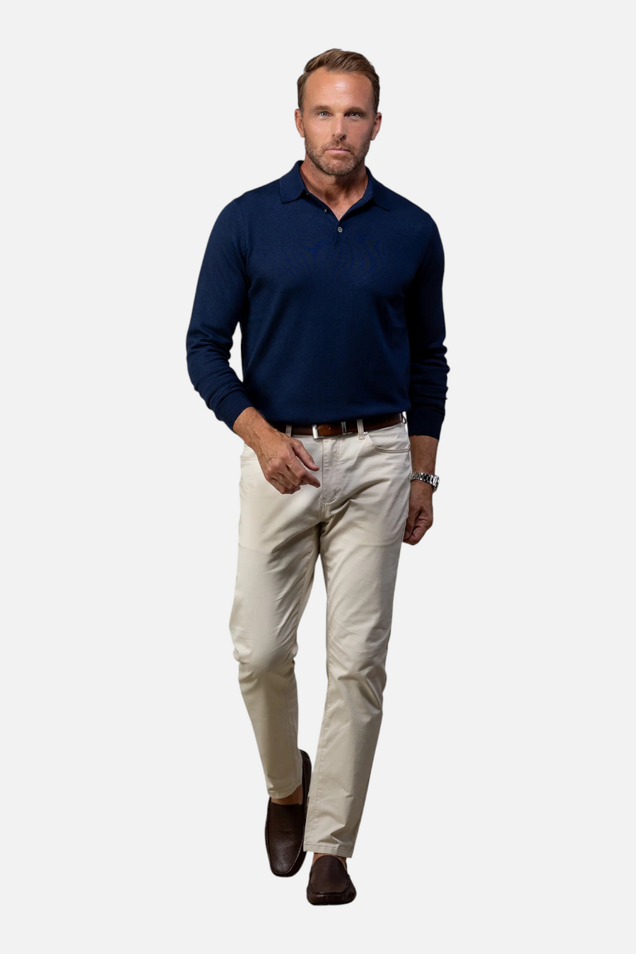 Collars & CO Men's Bellagio Three Button Long Sleeve Merino Polo in Navy – back view