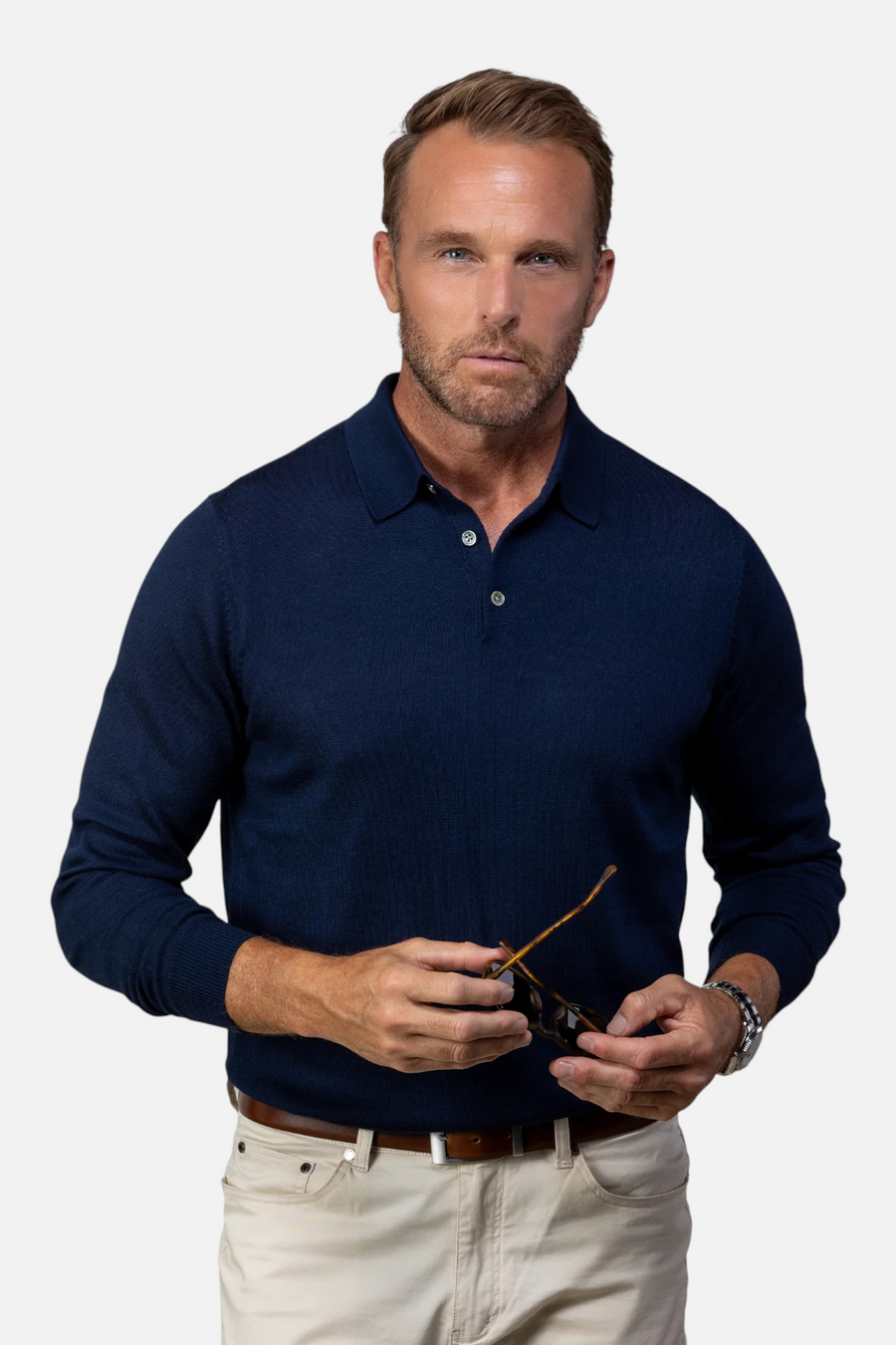 Collars & CO Men's Bellagio Three Button Long Sleeve Merino Polo in Navy – front view