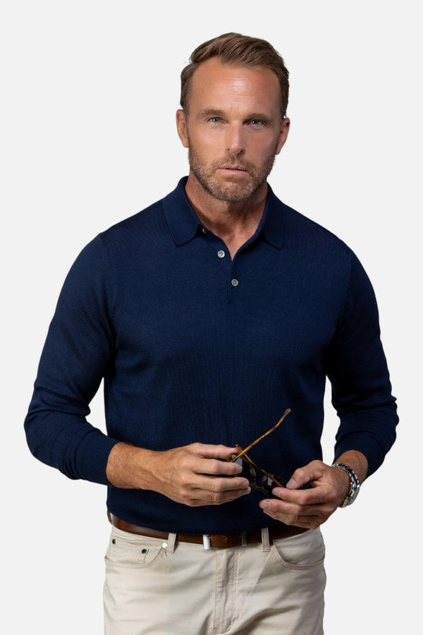 Collars & CO Men's Bellagio Three Button Long Sleeve Merino Polo in Navy