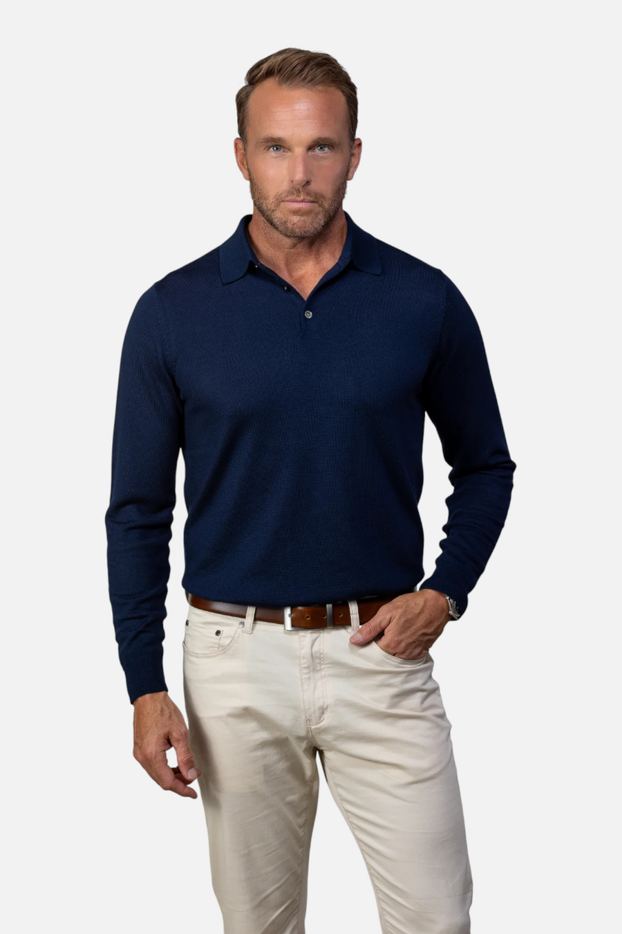 Collars & CO Men's Bellagio Three Button Long Sleeve Merino Polo in Navy – side view