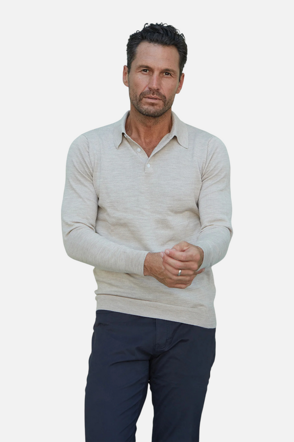 Collars & CO Men's Bellagio Three Button Long Sleeve Merino Polo in Oatmeal Melange