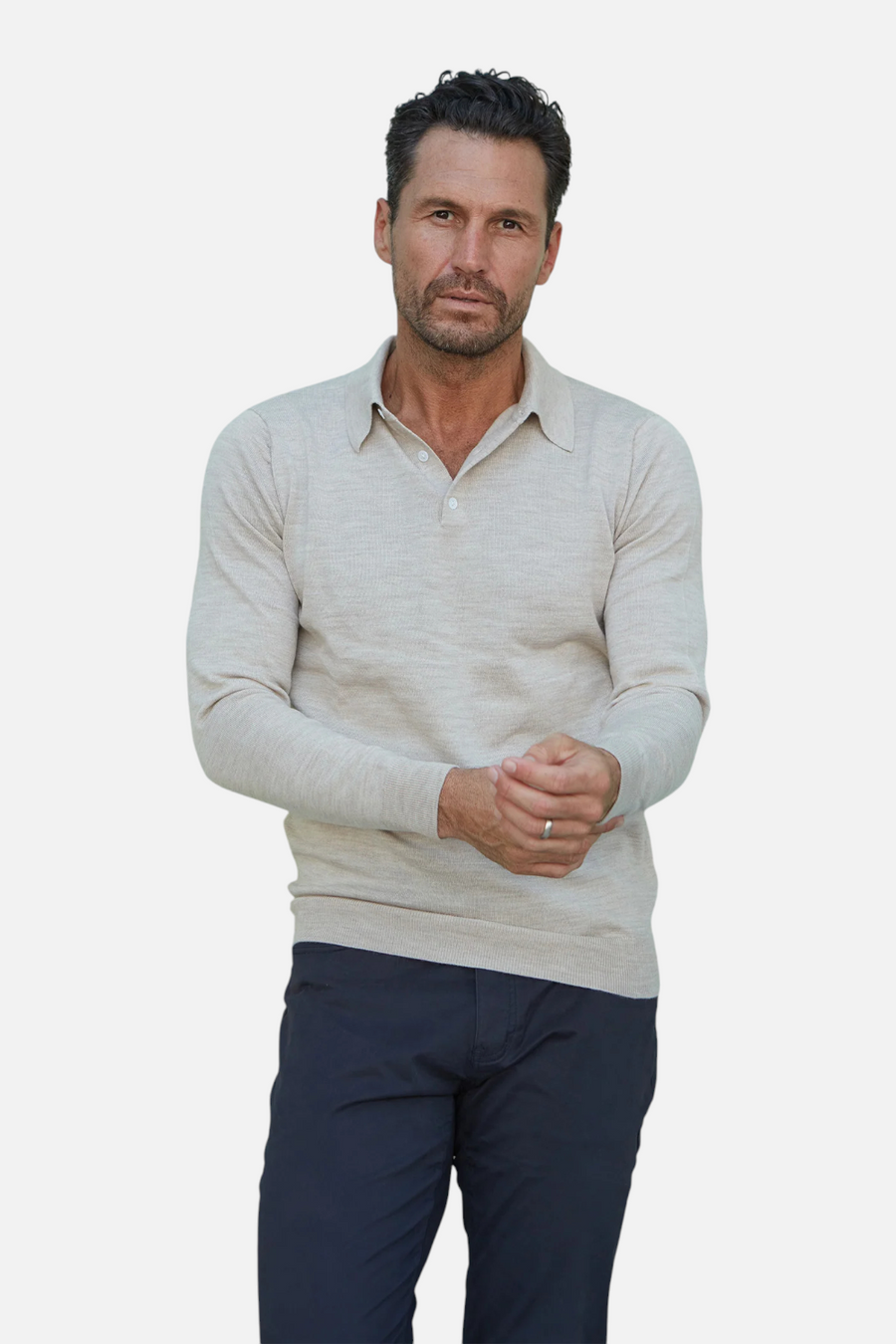 Collars & CO Men's Bellagio Three Button Long Sleeve Merino Polo in Oatmeal Melange – front view