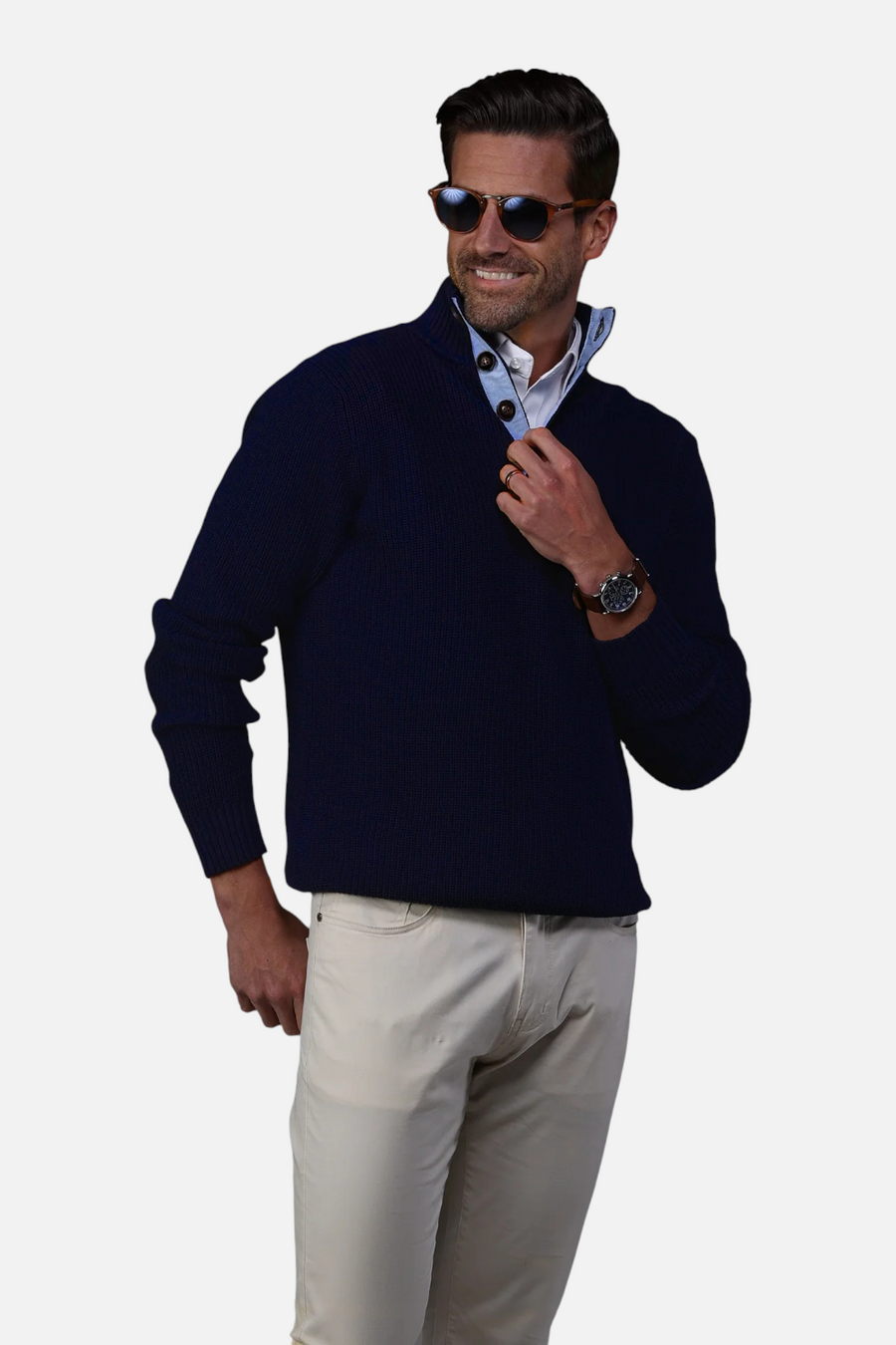Collars & CO Men's Kennebunkport Cotton Sweater in Navy – front view