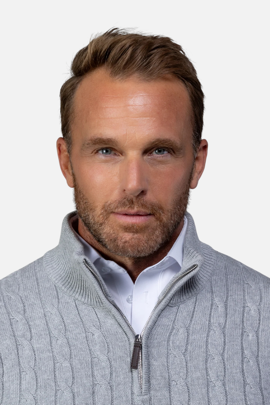 Collars & CO Men's Kensington Cable Knit Quarter Zip Sweater in Grey – back view