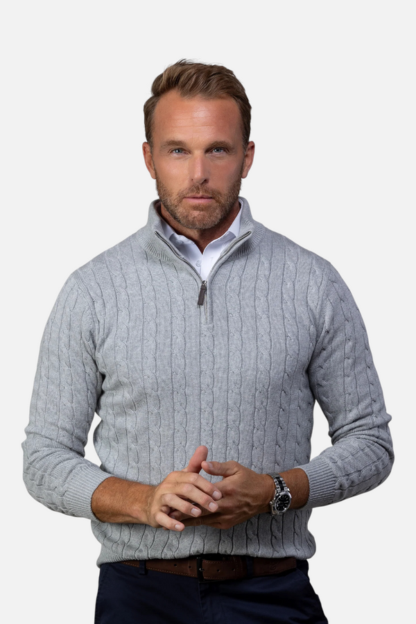 Collars & CO Men's Kensington Cable Knit Quarter Zip Sweater in Grey