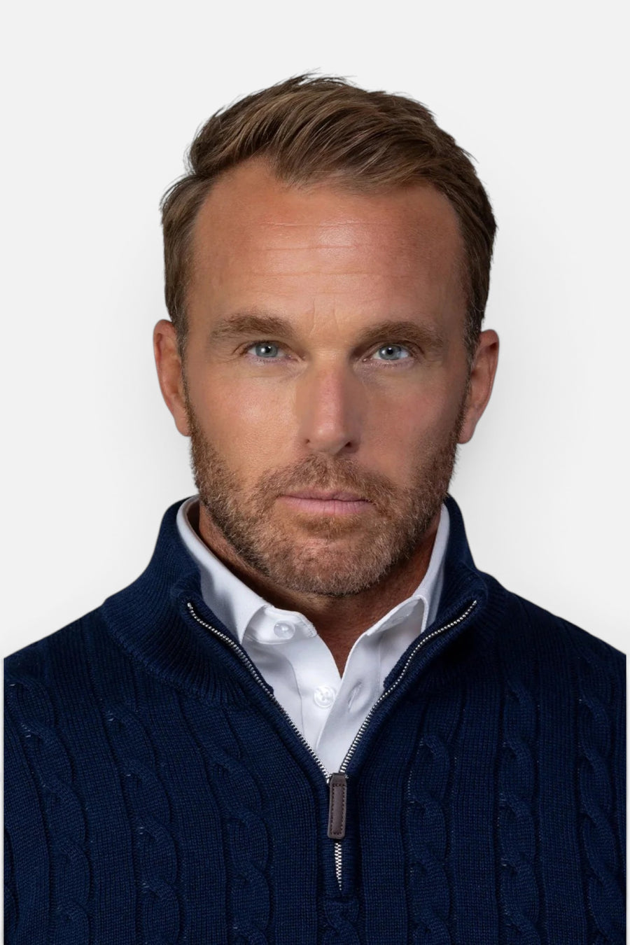 Collars & CO Men's Kensington Cable Knit Quarter Zip Sweater in Navy – back view