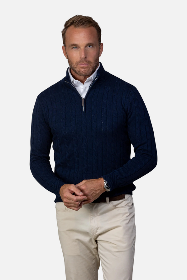 Collars & CO Men's Kensington Cable Knit Quarter Zip Sweater in Navy
