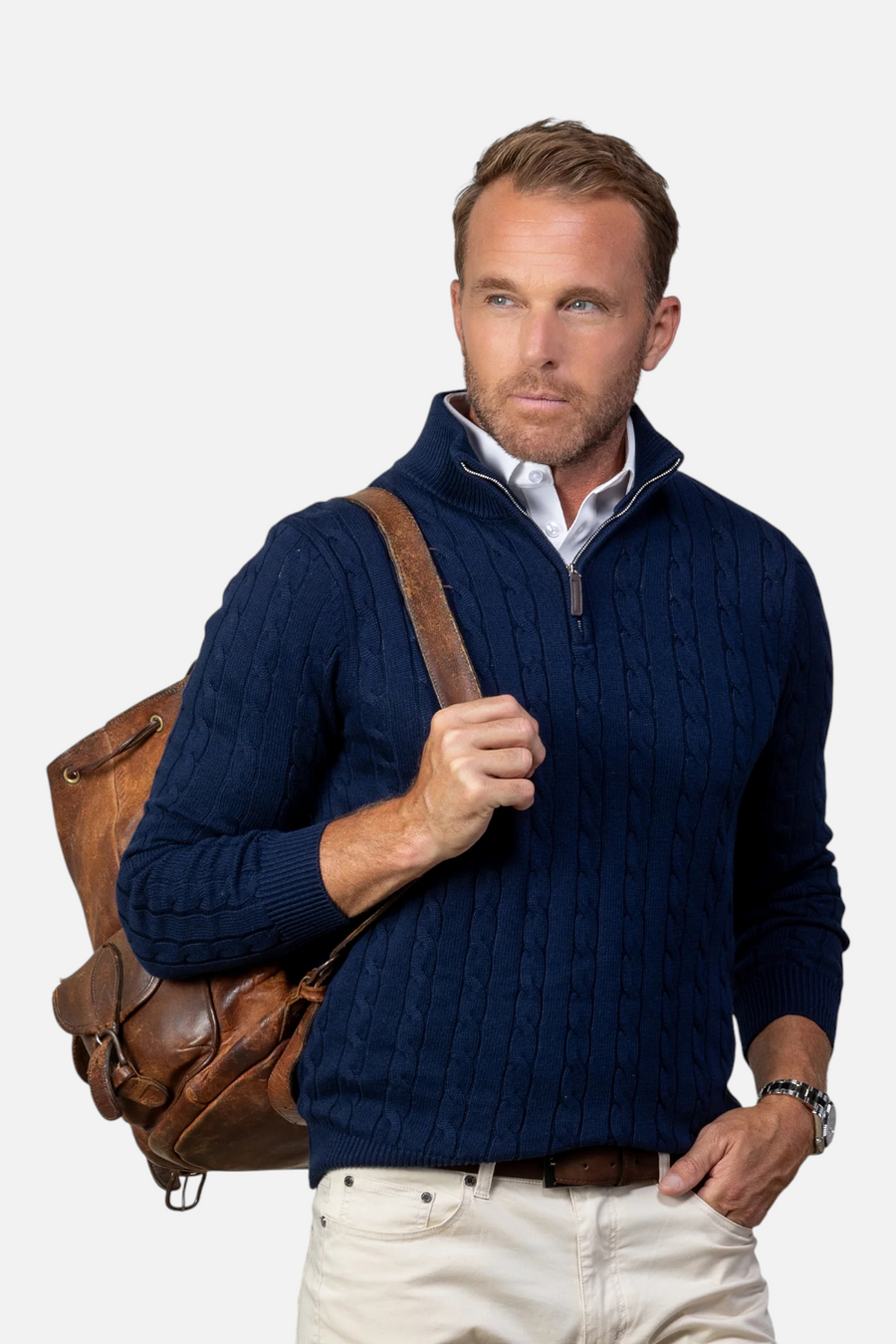 Collars & CO Men's Kensington Cable Knit Quarter Zip Sweater in Navy – side view