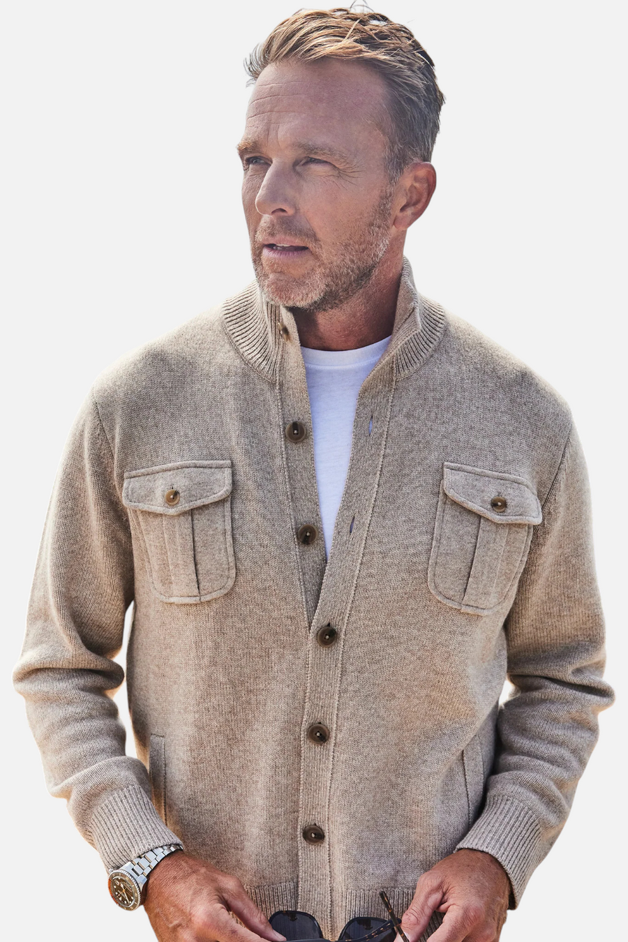 Collars & CO Men's Napoli Cardigan in Wool & Cashmere in Camel – back view
