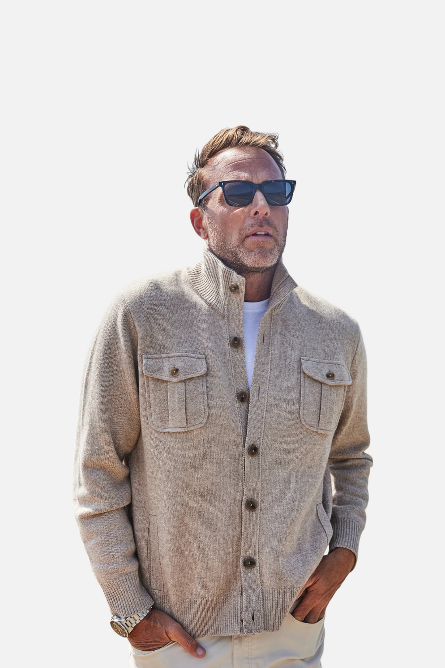 Collars & CO Men's Napoli Cardigan in Wool & Cashmere in Camel – side view