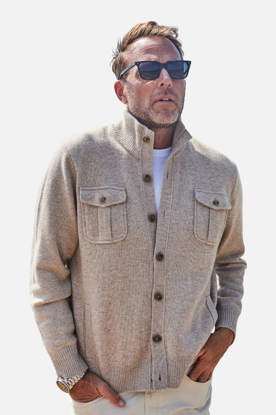 Collars & CO Men's Napoli Cardigan in Wool & Cashmere in Camel – on model