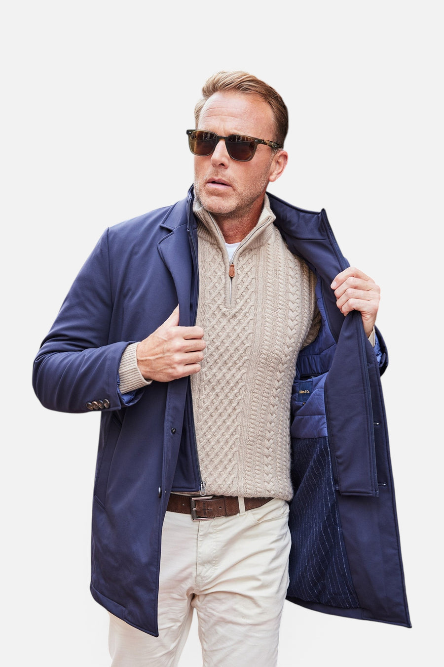 Collars & Co Metropolitan Coat in Navy – on model