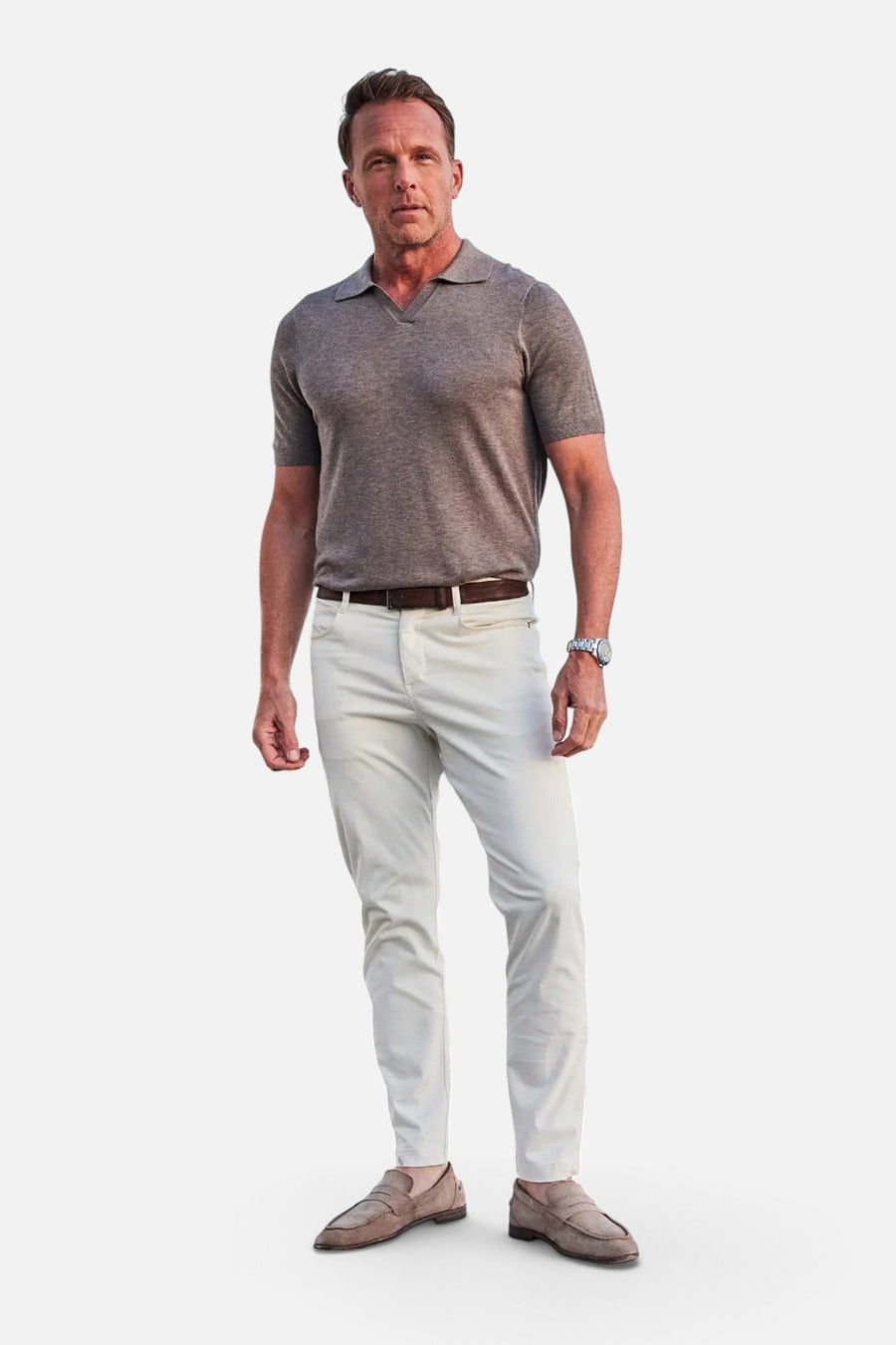 Collars & Co. Ravello Summer Weight Linen Blend Polo in Brown – on model