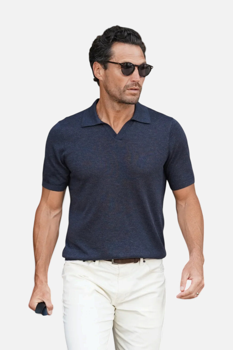 Collars & Co Ravello Summer Weight Linen Blend Polo in Navy – side view