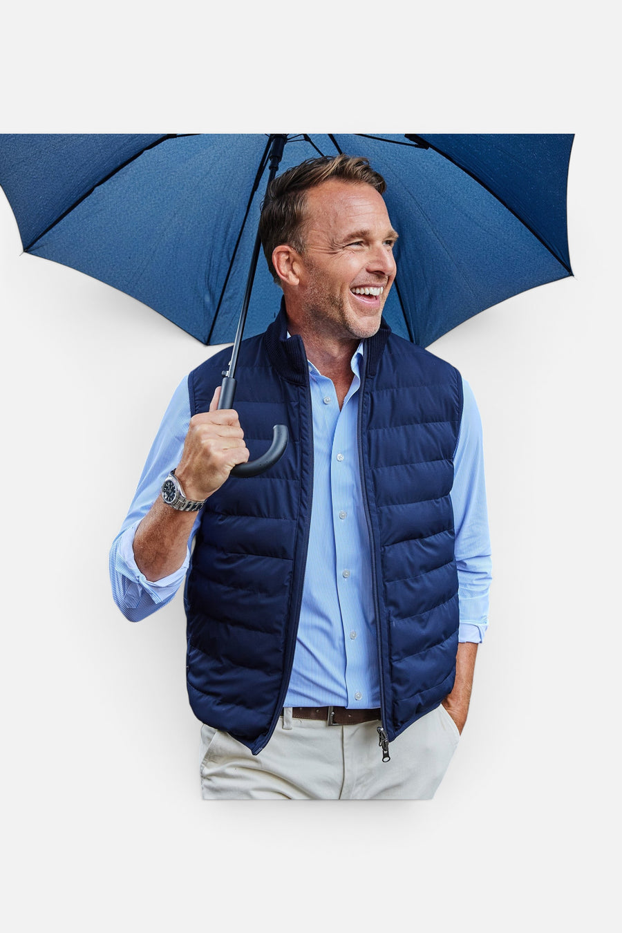 Collars & Co Regent Reversible Quilted Wool Vest in Navy – on model
