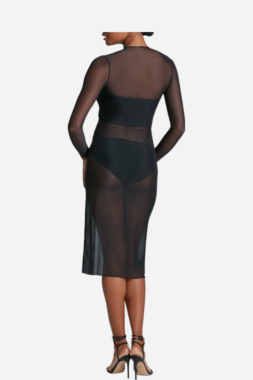 Commando Chic Mesh Long Sleeve Midi Dress in Black – back view