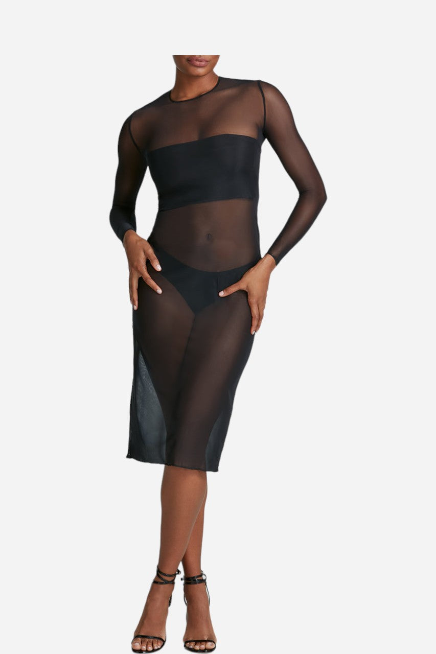 Commando Chic Mesh Long Sleeve Midi Dress in Black – front view