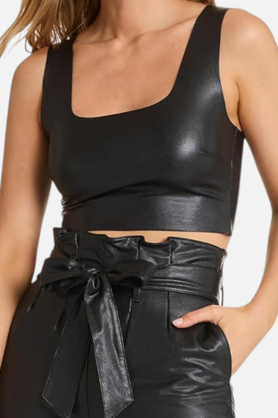 Commando Faux Leather Square Neck Crop Top in Black – front view