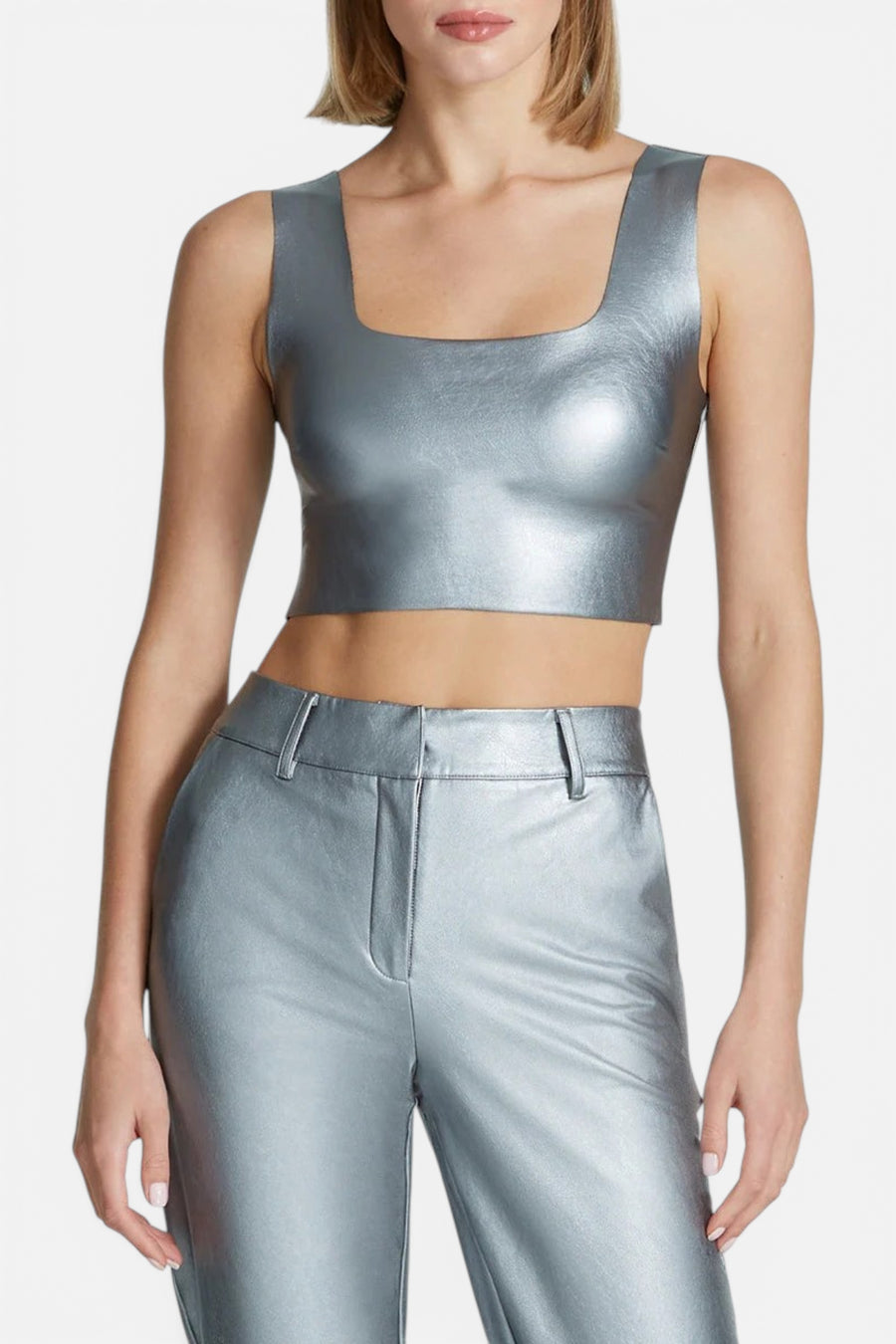Commando Faux Leather Squareneck Crop Top in Platinum – front view