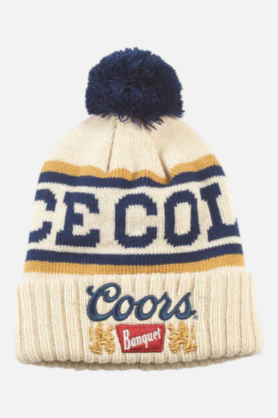 Coors Banquet Pillow Line Knit Pom Beanie in Buff Yellow – front view