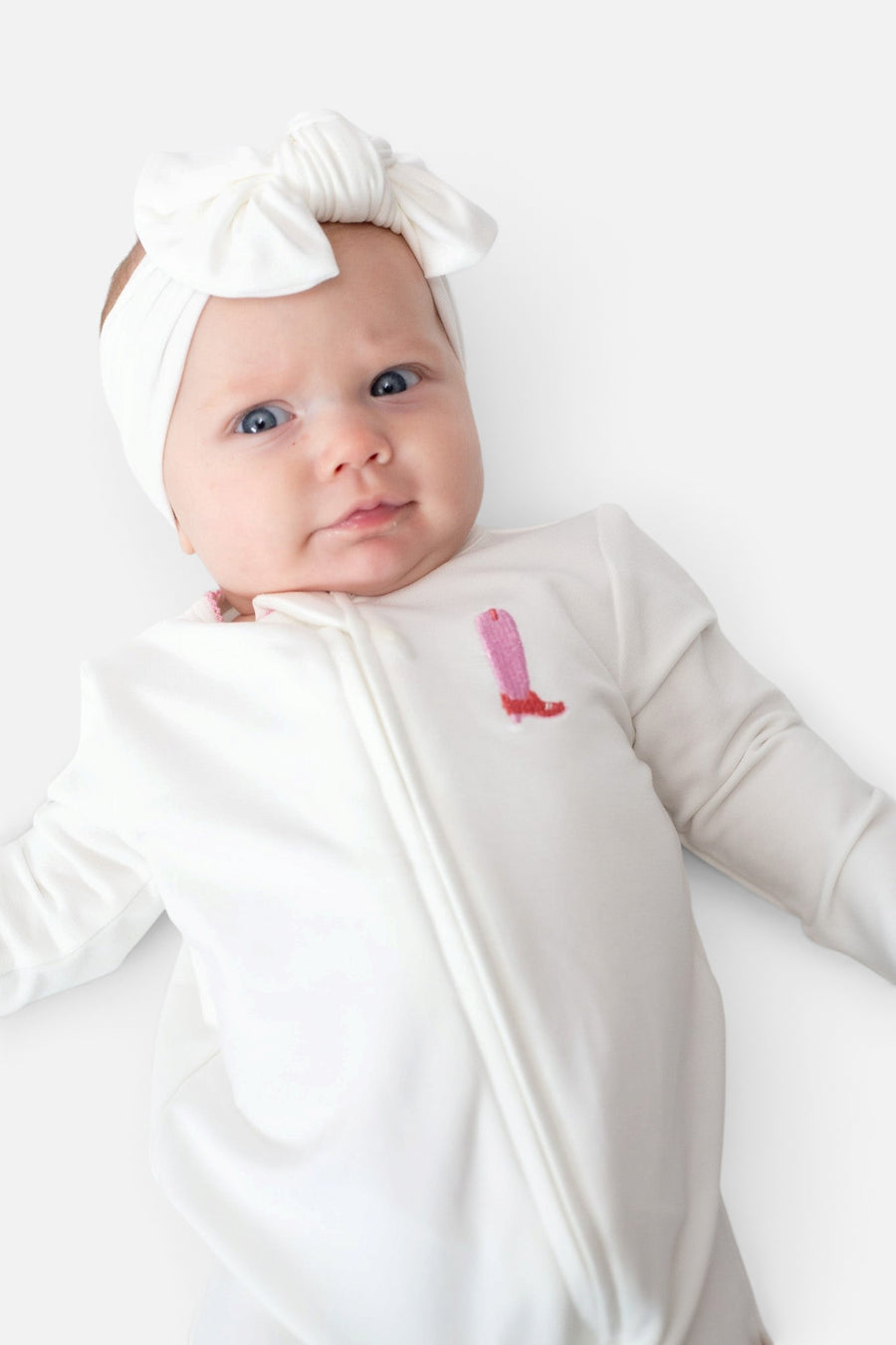 Cowgirl Boot Embroidered Pip Zip Romper – flat lay