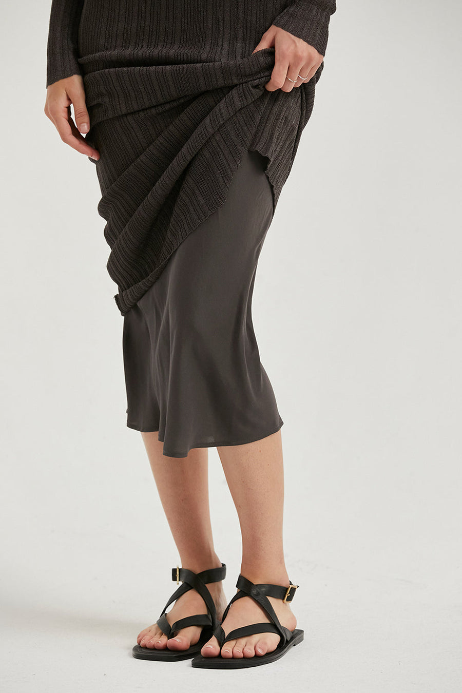 Crescent Amara Mock Neck Maxi Sheer Dress in Black – flat lay
