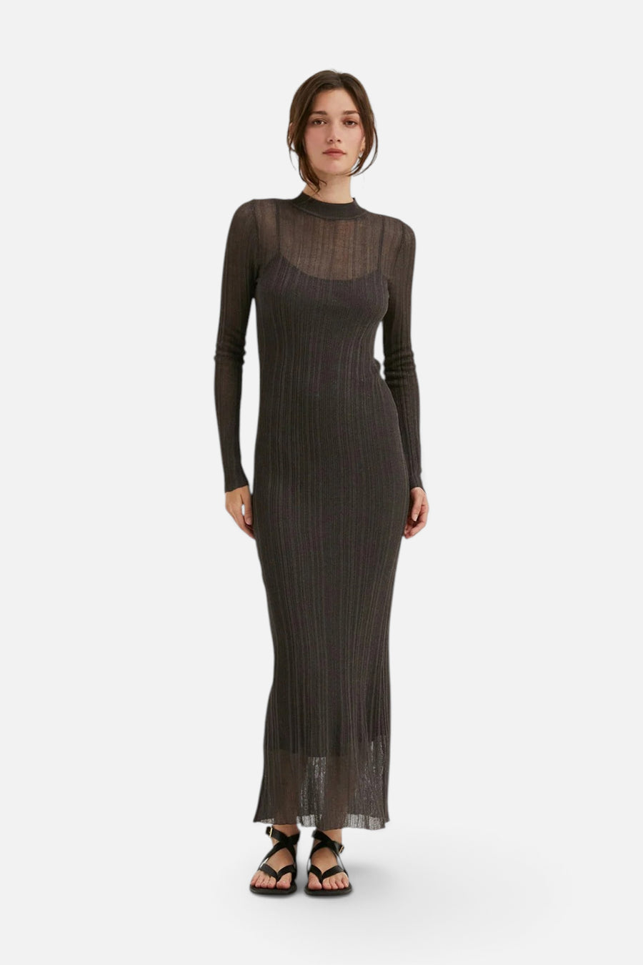 Crescent Amara Mock Neck Maxi Sheer Dress in Black – front view