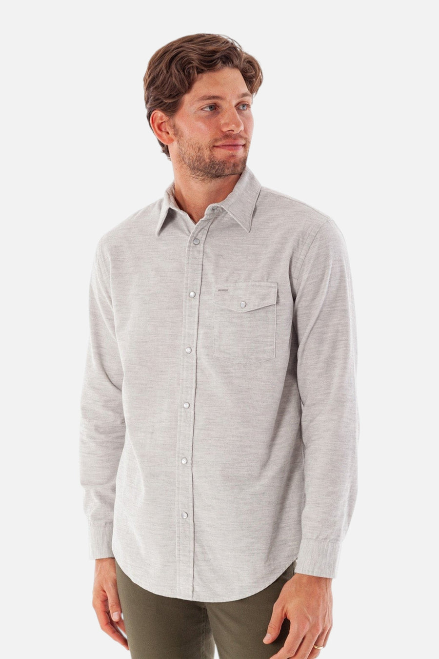Criquet Corduroy Pearl Snap in Heather Gray – on model