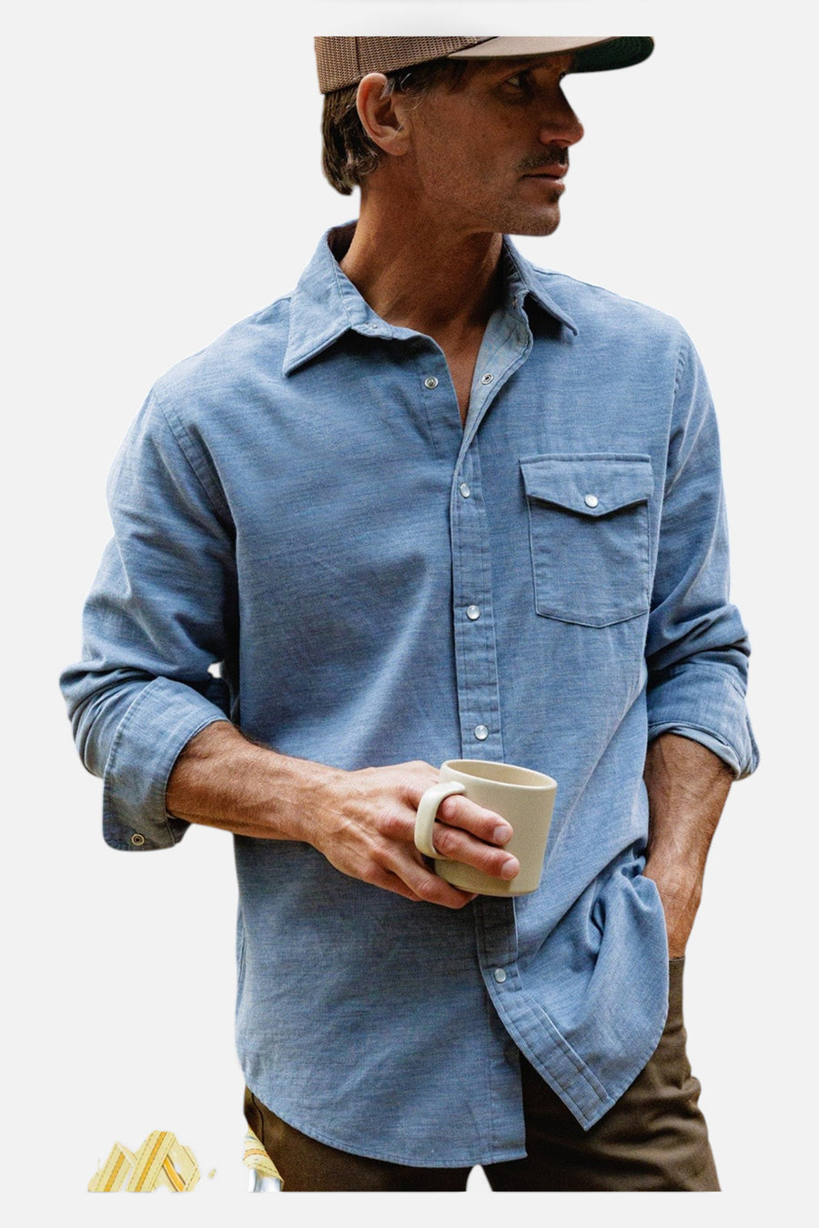 Criquet Corduroy Pearl Snap in Heather Steely Blue – back view