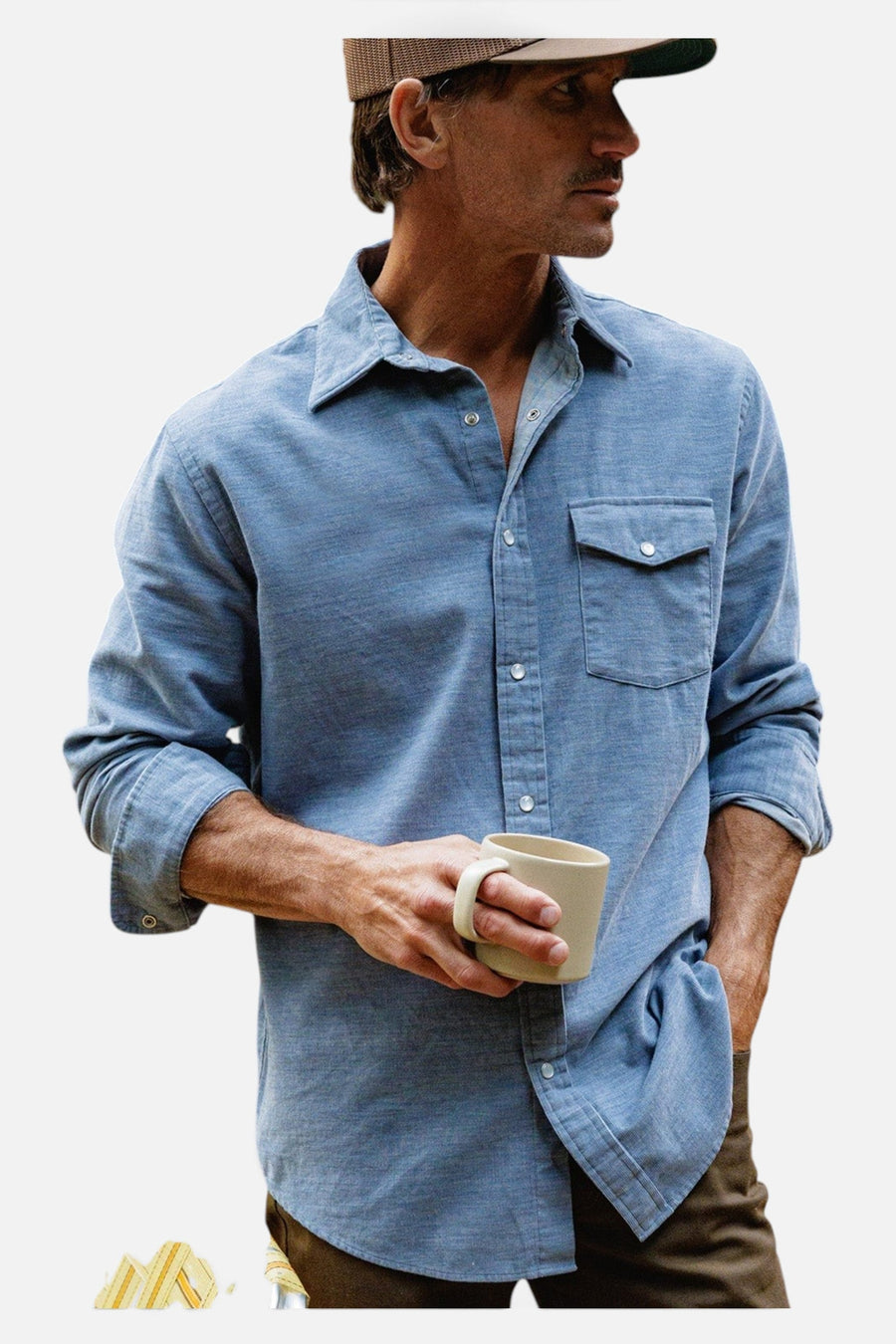 Criquet Corduroy Pearl Snap in Heather Steely Blue – on model