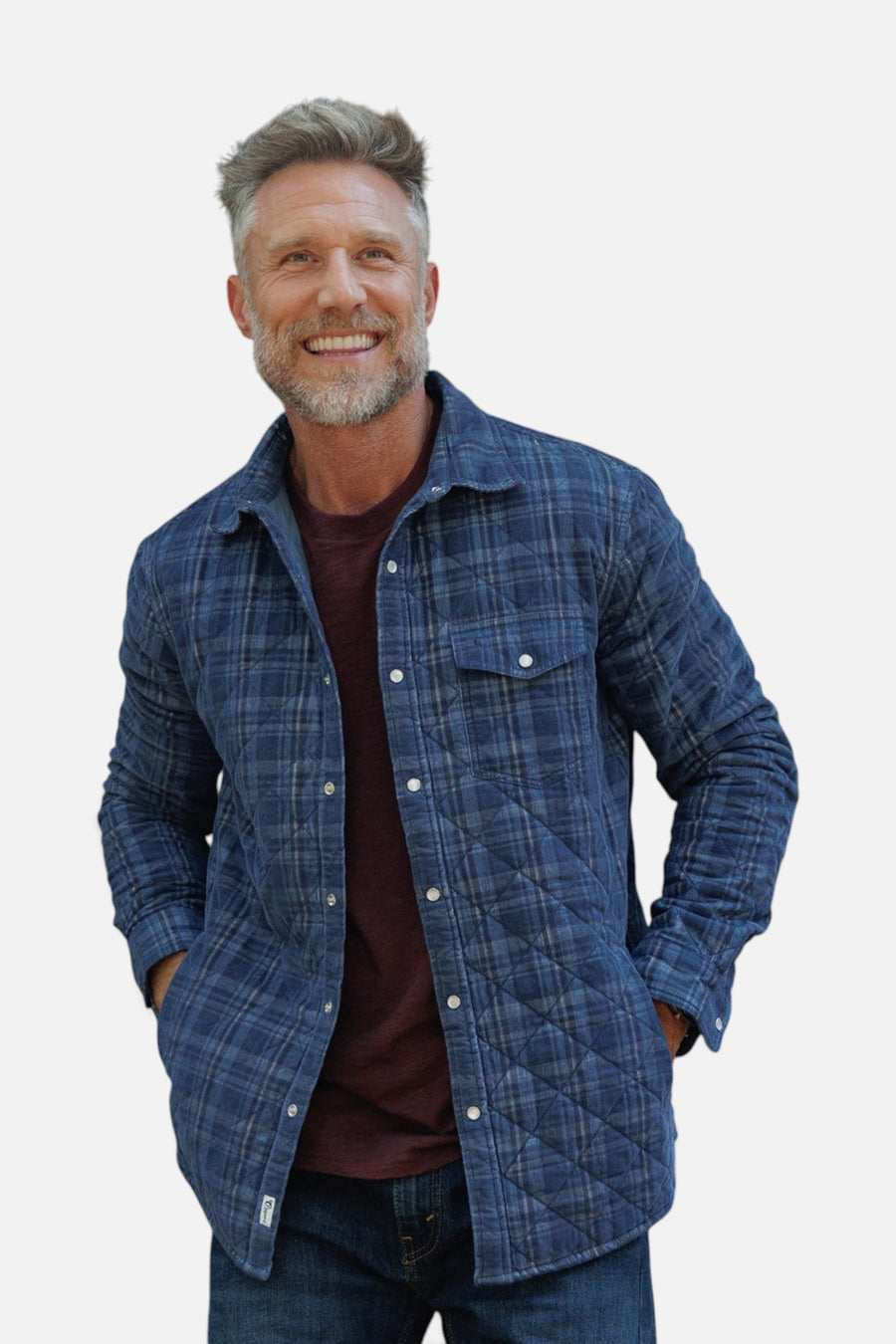 Criquet Corduroy Quilted Shacket in Dusty Blue Plaid – back view