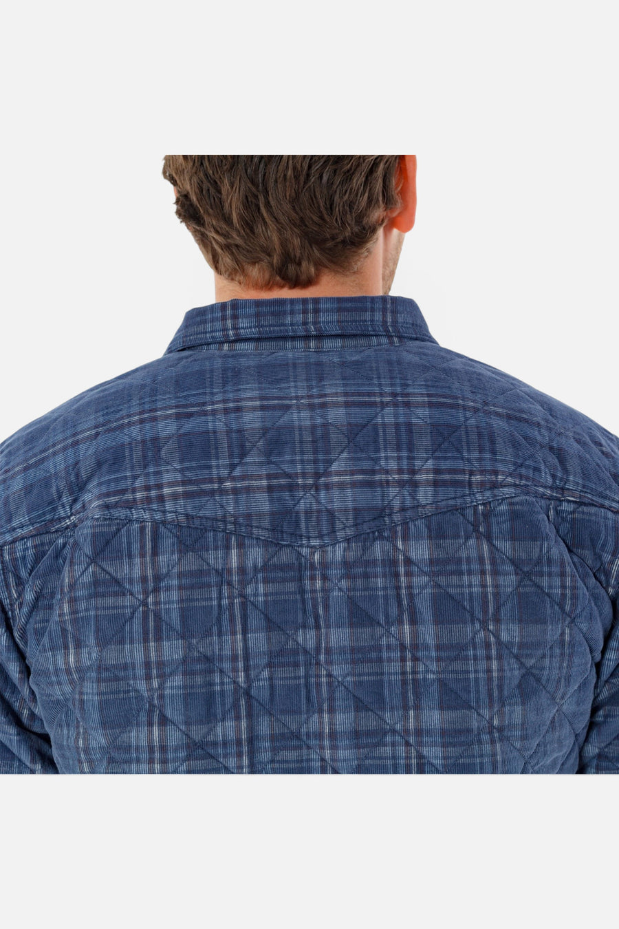 Criquet Corduroy Quilted Shacket in Dusty Blue Plaid – detail