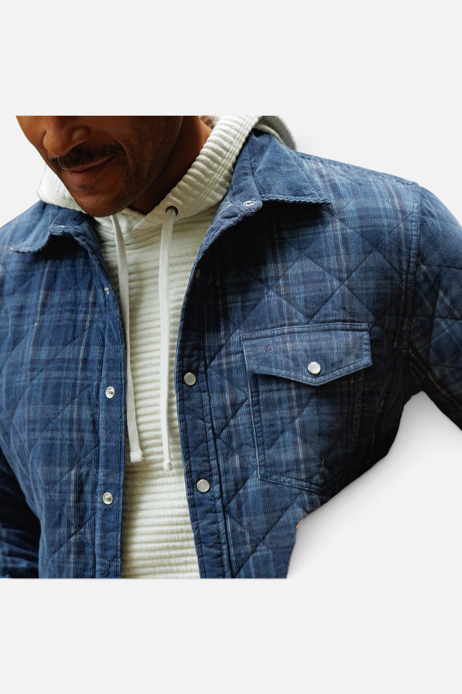 Criquet Corduroy Quilted Shacket in Dusty Blue Plaid – flat lay