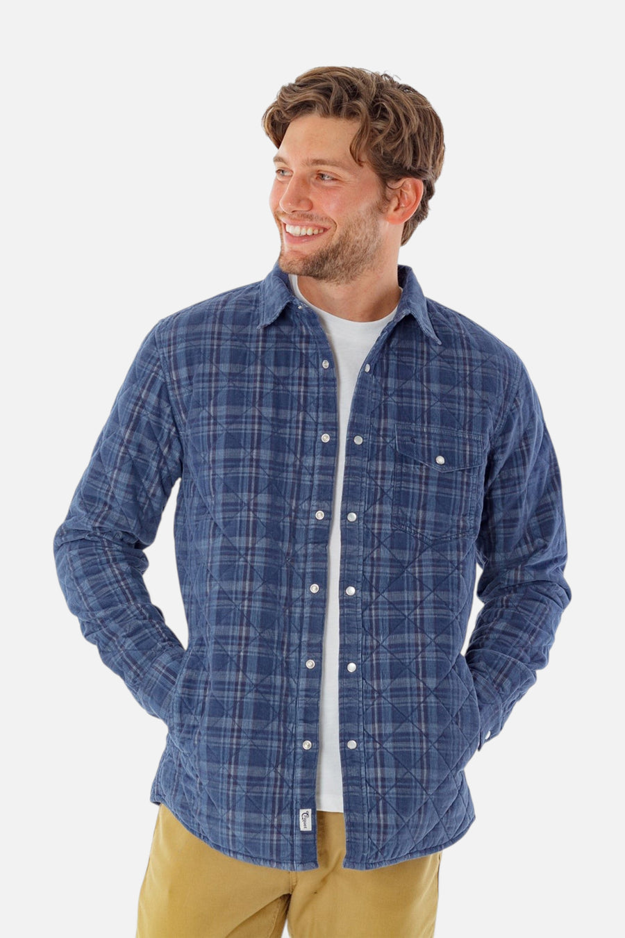 Criquet Corduroy Quilted Shacket in Dusty Blue Plaid – front view