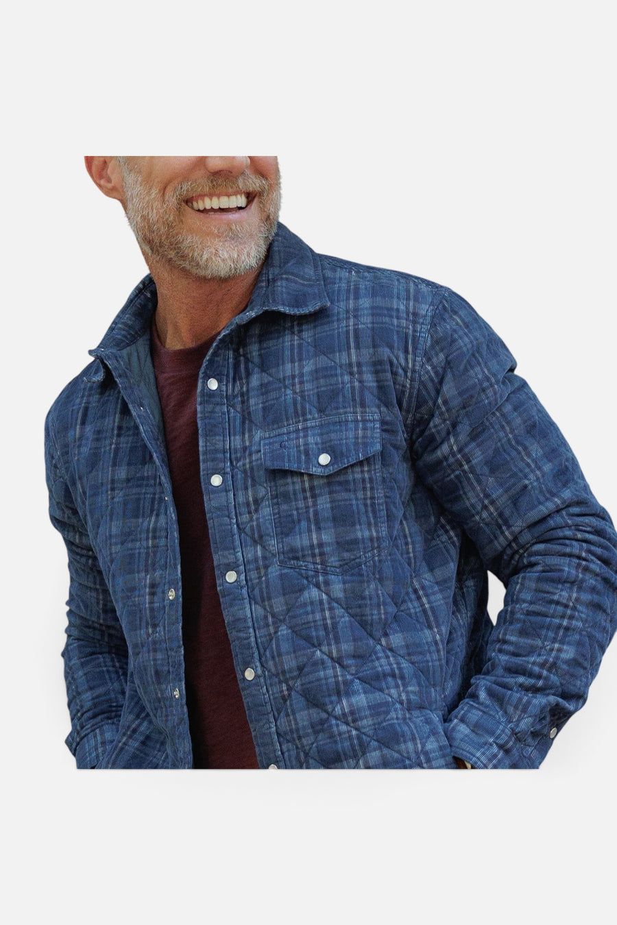 Criquet Corduroy Quilted Shacket in Dusty Blue Plaid – side view