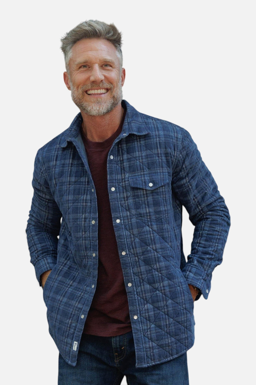 Criquet Corduroy Quilted Shacket in Dusty Blue Plaid – on model