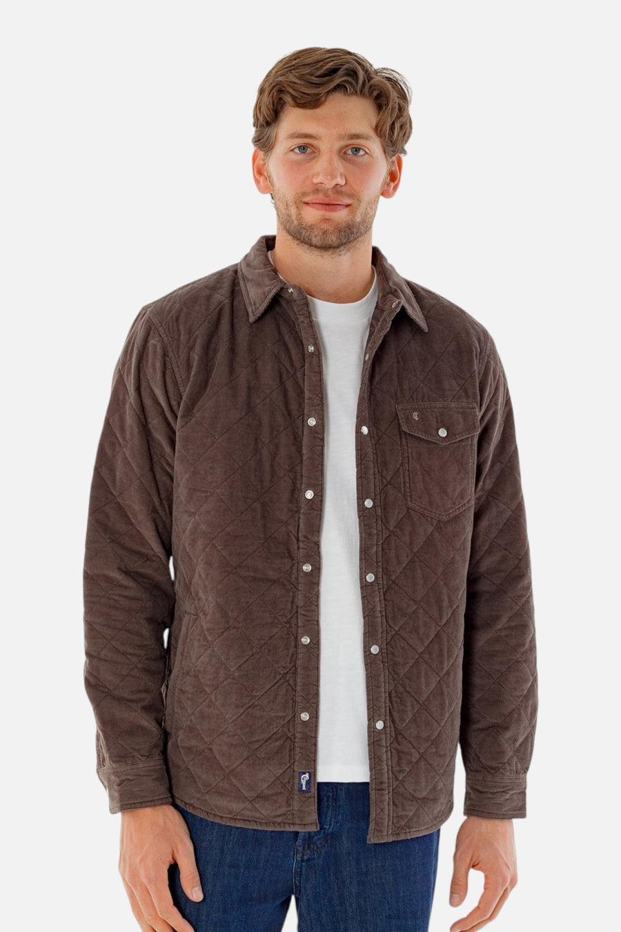 Criquet Corduroy Quilted Shacket in Pinecone – on model