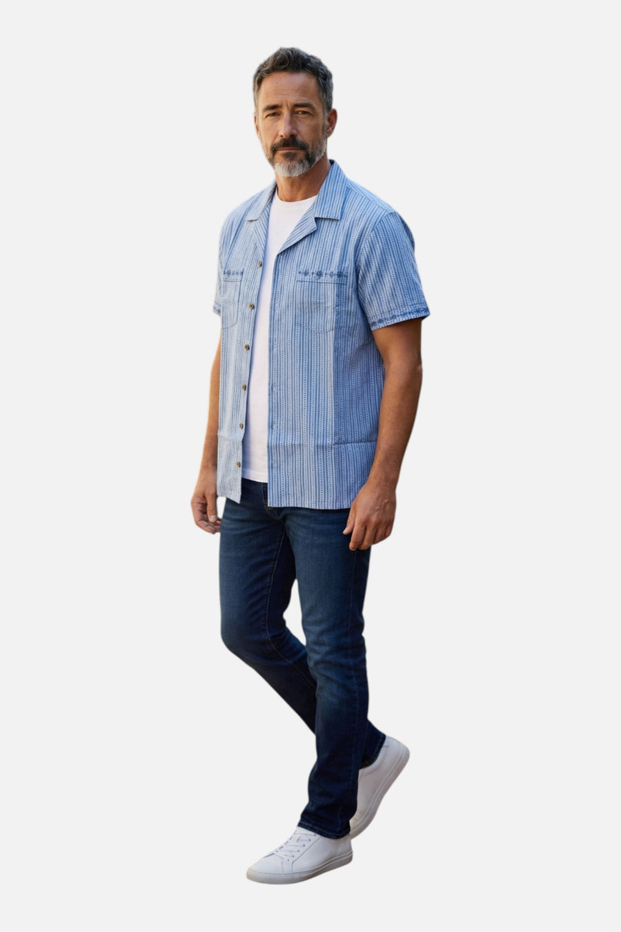 Criquet Men's Desi Shirt in Embroidered Navy – on model