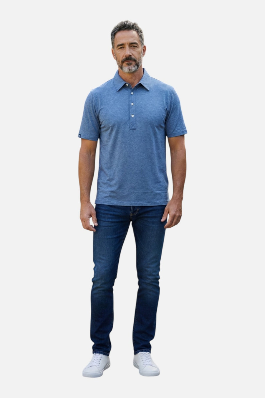 Criquet Men's Performance Range Polo in Blue Jean – on model