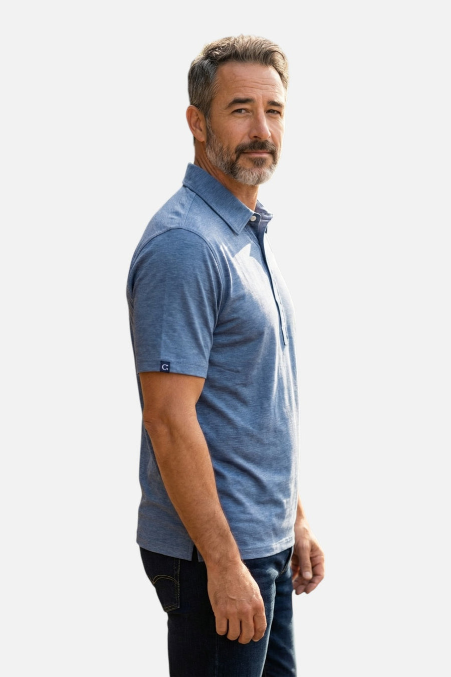 Criquet Men's Performance Range Polo in Blue Jean – on model