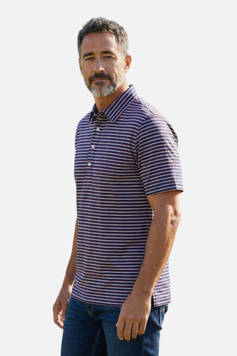 Criquet Men's Performance Range Polo in Navy Stripe – back view
