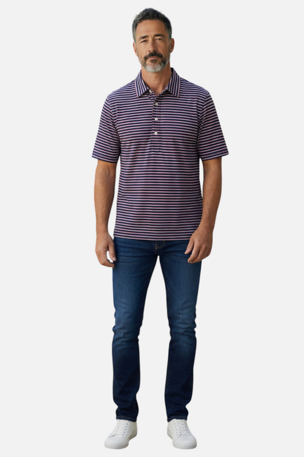 Criquet Men's Performance Range Polo in Navy Stripe