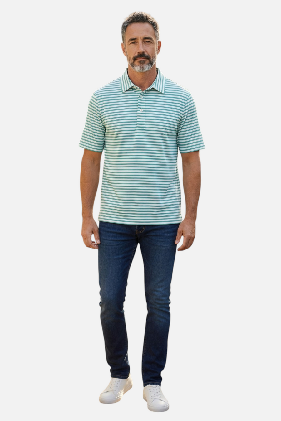 Criquet Men's Performance Range Polo in White & Green – front view