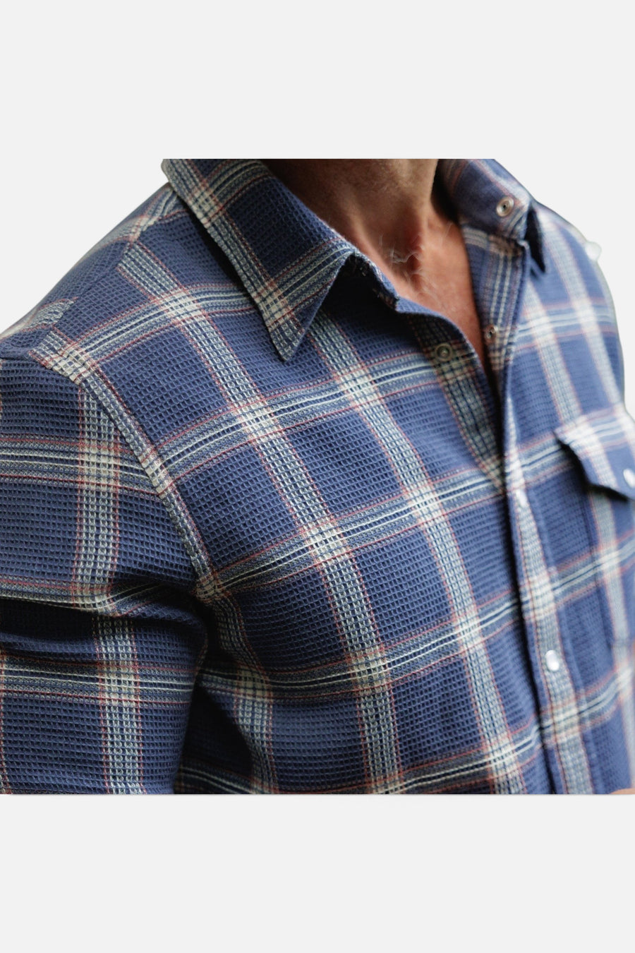 Criquet Waffle Plaid Pearl Snap in Navy Plaid – flat lay