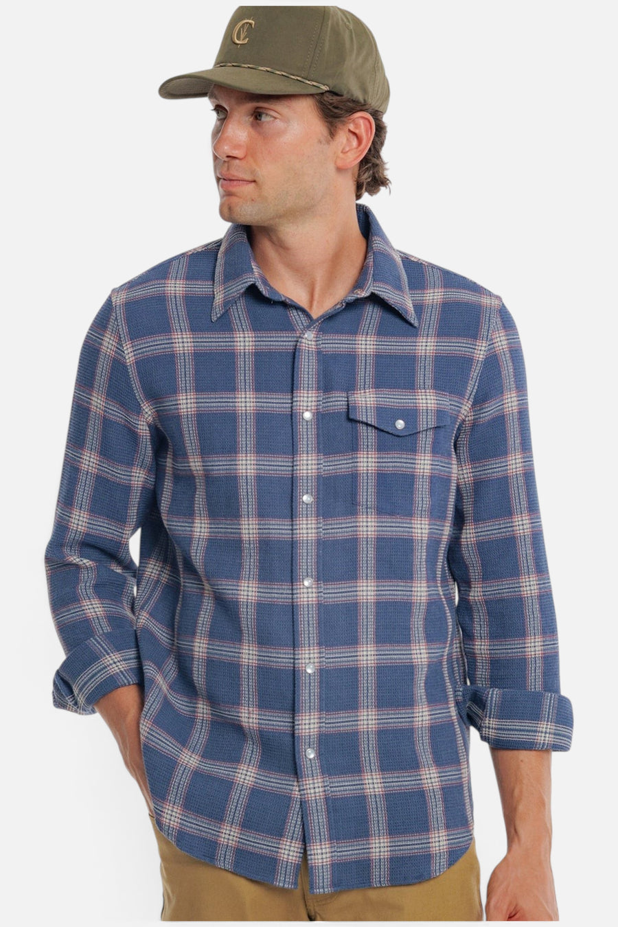 Criquet Waffle Plaid Pearl Snap in Navy Plaid – front view