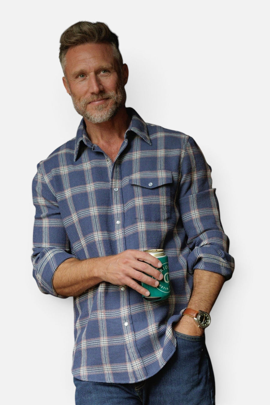 Criquet Waffle Plaid Pearl Snap in Navy Plaid – on model